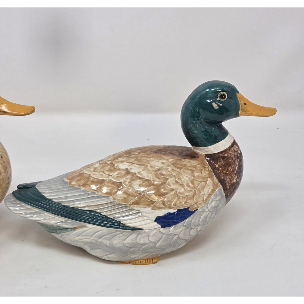 Vintage 1959 Hand Painted Glazed Ceramic Mallard Duck Figurines Pair MCM Decor - Picture 8 of 12